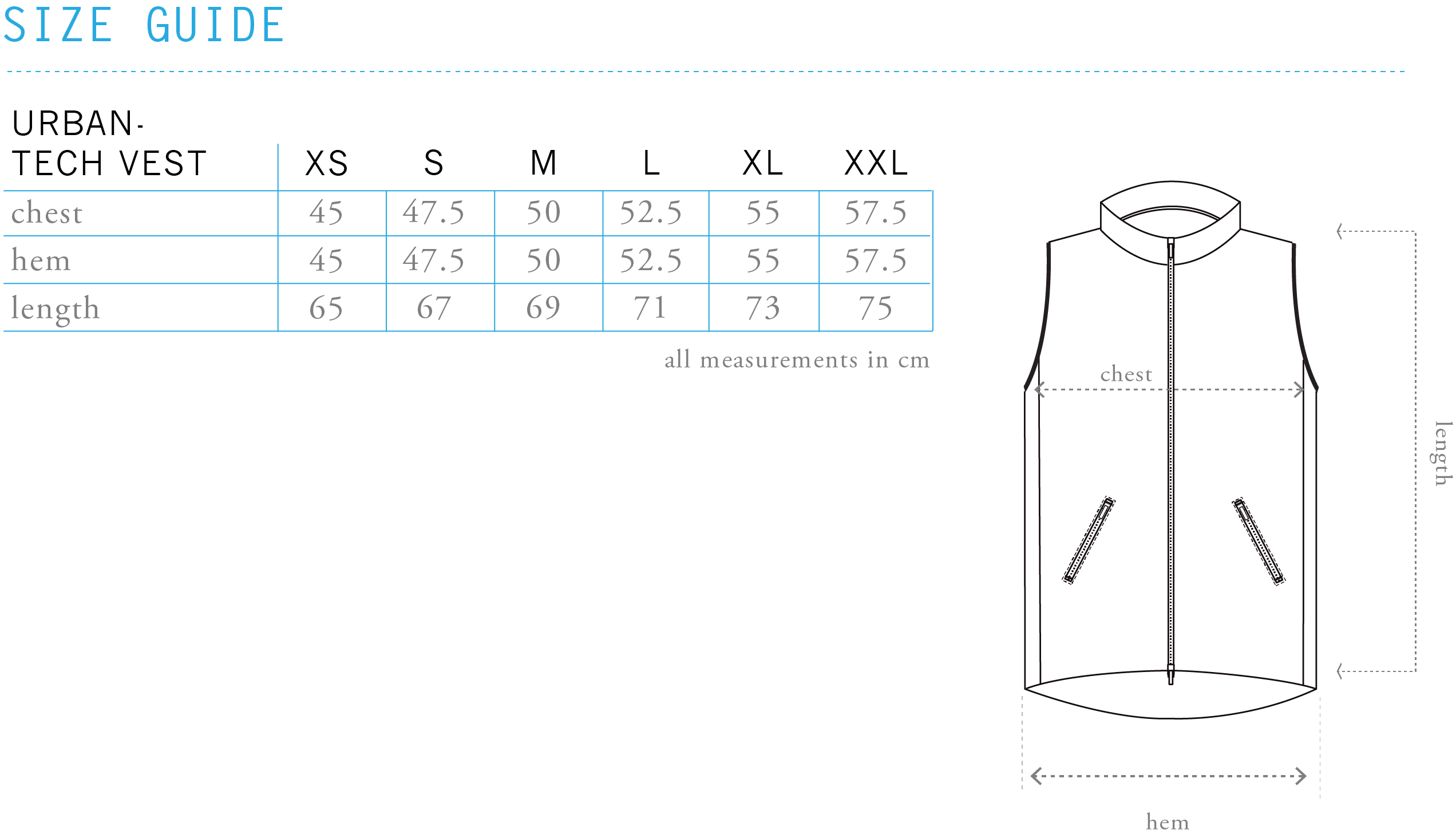 Urban Tech Vest Size Chart